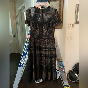 Tadashi sheer black over nude, long formal dress